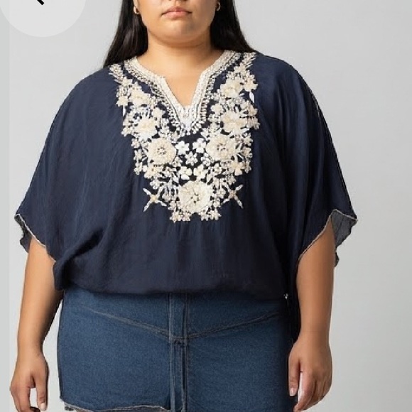 Johnny Was Navy and White Embroidery Detailed Tunic with Dolman Sleeves - Picture 1 of 13